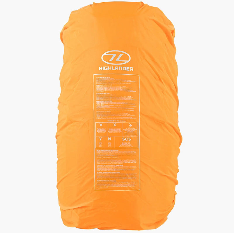 Orange backpack cover with Highlander logo and text on a white background