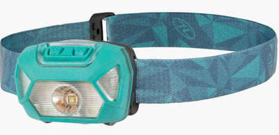 Teal headlamp with patterned strap on a white background