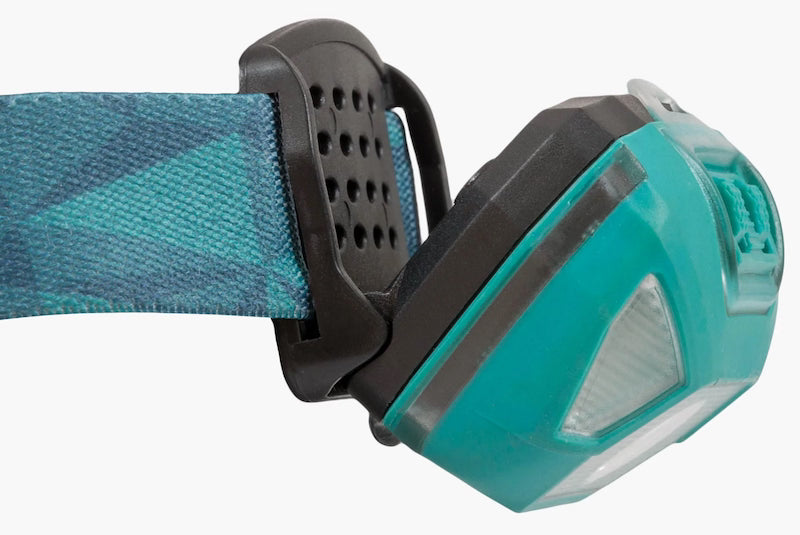 Teal and black headlamp with strap on a white background