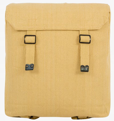 Beige backpack with black straps on a white background