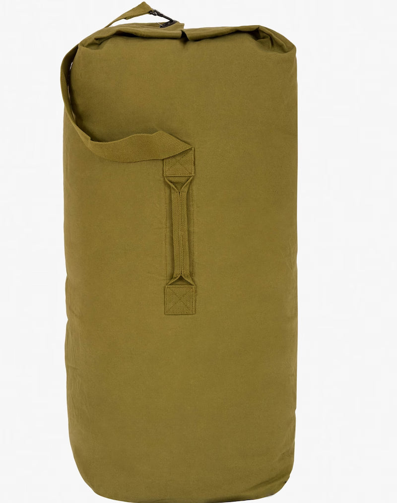 Olive green dry bag with a handle on a white background