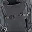 Close-up of a gray backpack with mesh padding and straps
