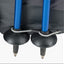 Close-up of blue trekking pole ends with black rubber feet on a backpack, on a white background