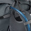 Gray backpack with a blue hydration tube attached