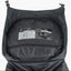 Black backpack with a label on a white background