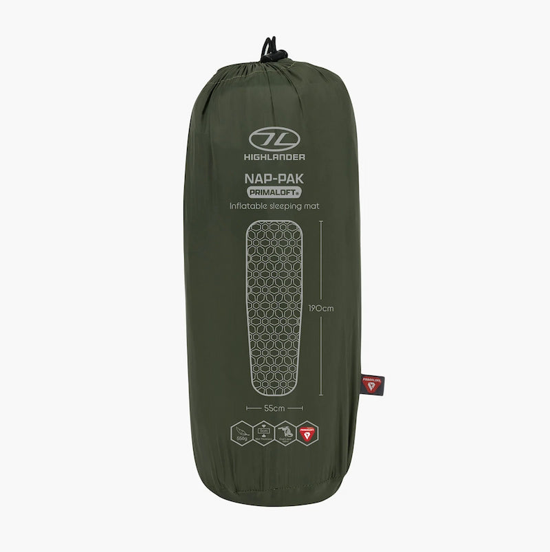 Green sleeping mat packaging with Highlander logo on a white background