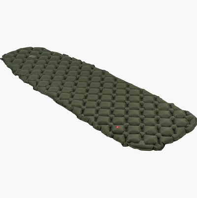 Green inflatable sleeping pad on a white background