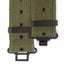 Two green tactical straps with black metal hardware on a white background