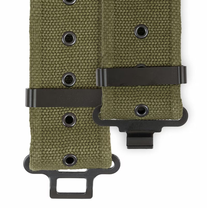 Two green tactical straps with black metal hardware on a white background