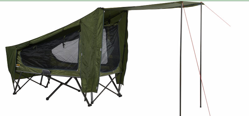 Green camping cot with canopy on a white background