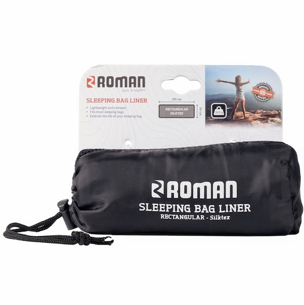 Black sleeping bag liner with 'Roman' branding on a white background