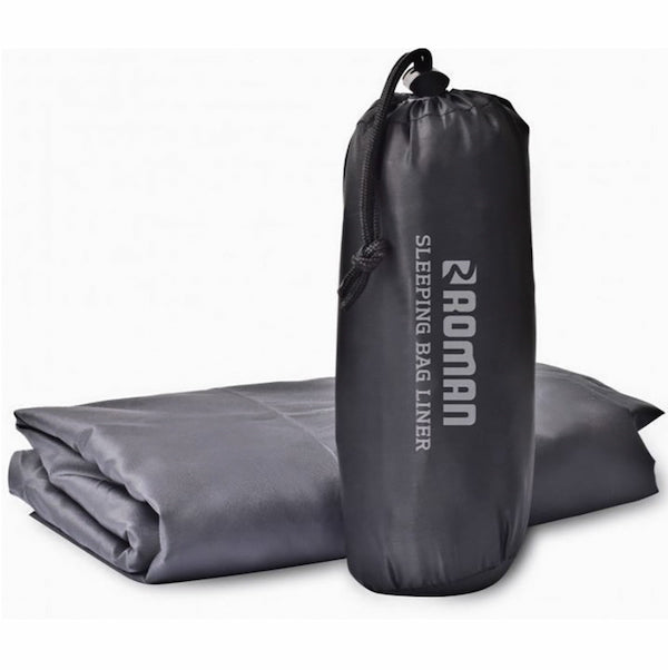 Gray sleeping bag liner with drawstring bag on a white background