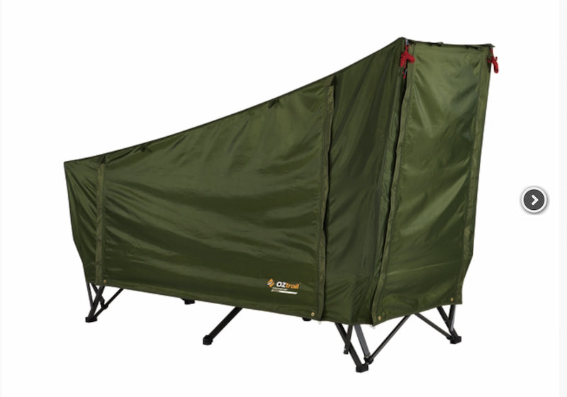 Green camping chair with canopy on a white background