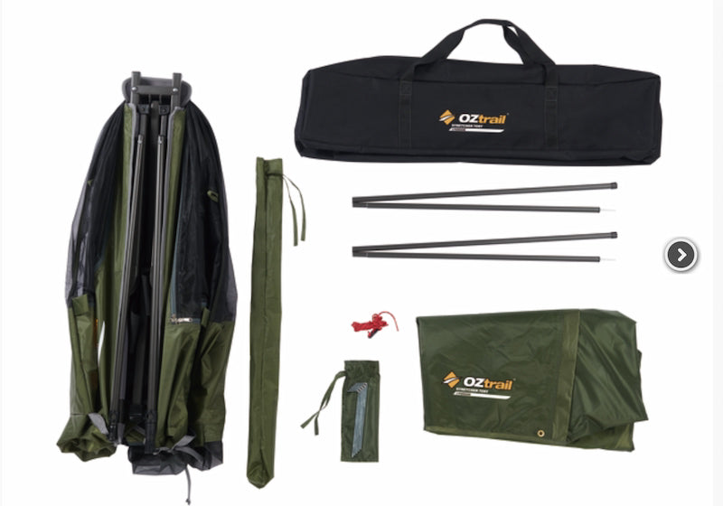 OZtrail camping tent parts including poles, fabric, and carrying bag on a white background
