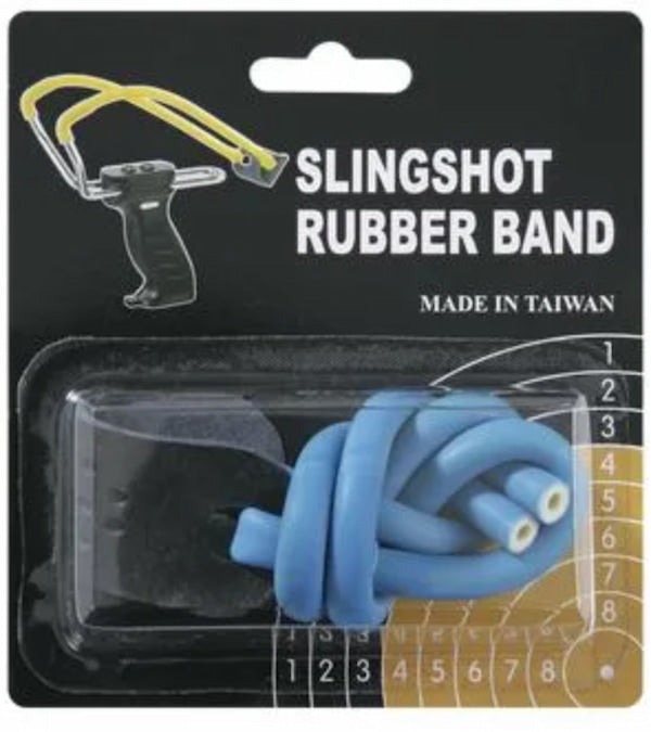 Blue slingshot rubber bands in a clear blister pack on a black backing card labeled 'SLINGSHOT RUBBER BAND' with a small slingshot illustration and 'MADE IN TAIWAN' text.