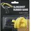 Packaged yellow slingshot rubber bands in a clear blister pack on a black backing card labeled 'SLINGSHOT RUBBER BAND' with a small slingshot illustration and 'MADE IN TAIWAN' text.