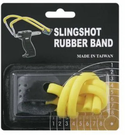 Packaged yellow slingshot rubber bands in a clear blister pack on a black backing card labeled 'SLINGSHOT RUBBER BAND' with a small slingshot illustration and 'MADE IN TAIWAN' text.