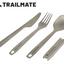A 4-piece titanium cutlery set including a knife, fork, spoon, and a can/bottle opener, with a mesh carry bag. All items are silver-colored and have 'TRAILMATE' branding.