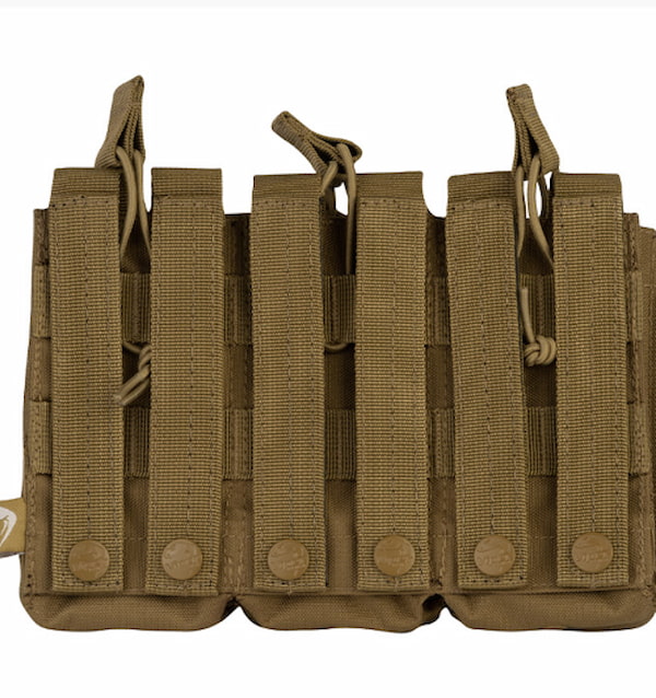 Brown tactical magazine pouch with multiple slots on a white background