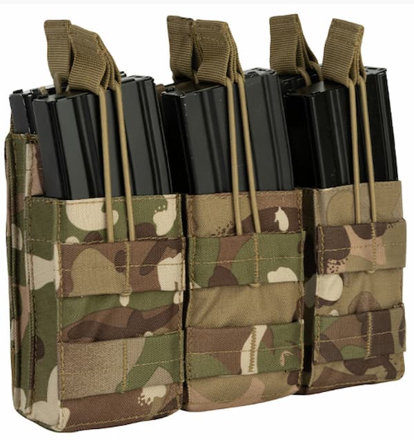 Three magazine pouches with camouflage pattern and black magazines on a white background