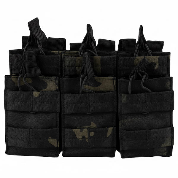 Black tactical magazine pouches with camouflage pattern on a white background
