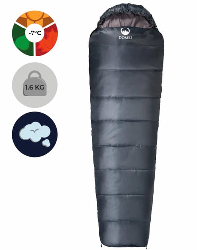 A dark gray mummy-style sleeping bag with a hood, shown on a white background with three feature icons on the left: a temperature dial marked -7°C, a weight icon reading 1.6 KG, and a cloud icon.