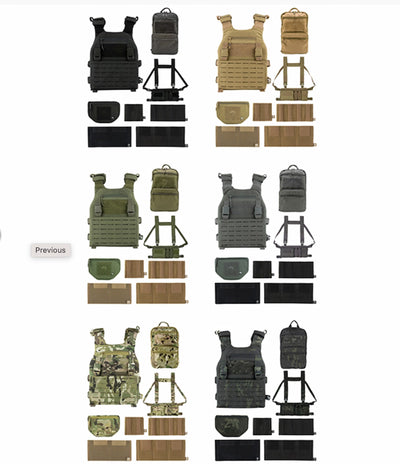 Collection of tactical vests and accessories in various colors on a white background