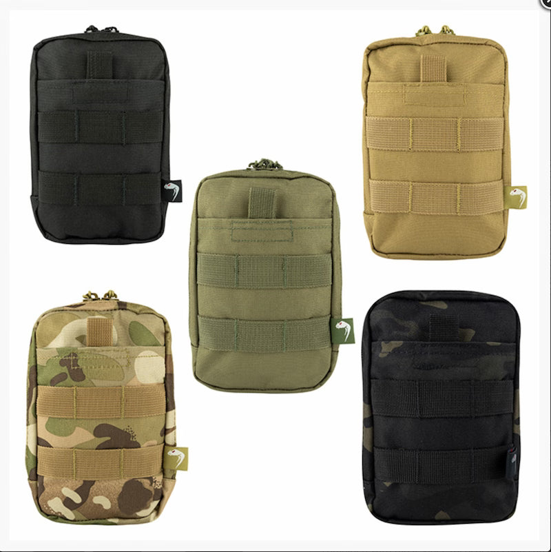 Five tactical pouches in different colors and patterns on a white background