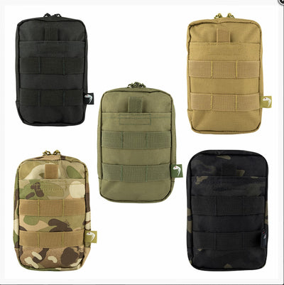 Five tactical pouches in different colors and patterns on a white background