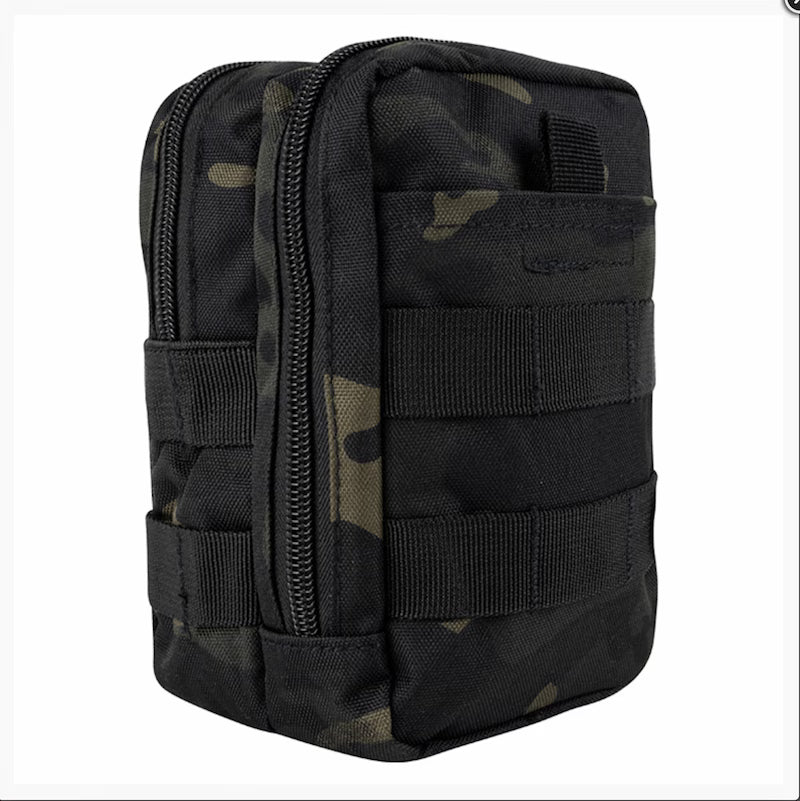 Black and green camouflage tactical pouch on a white background