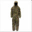 Camouflage hunting suit with a hood on a white background