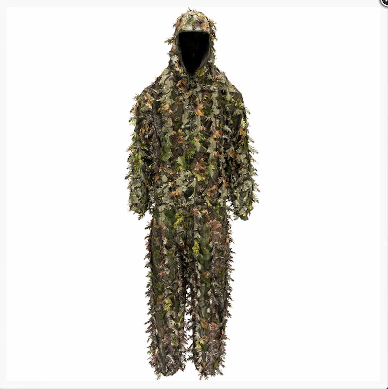Camouflage hunting suit with a hood on a white background