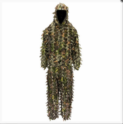 Camouflage hunting suit with a hood on a white background