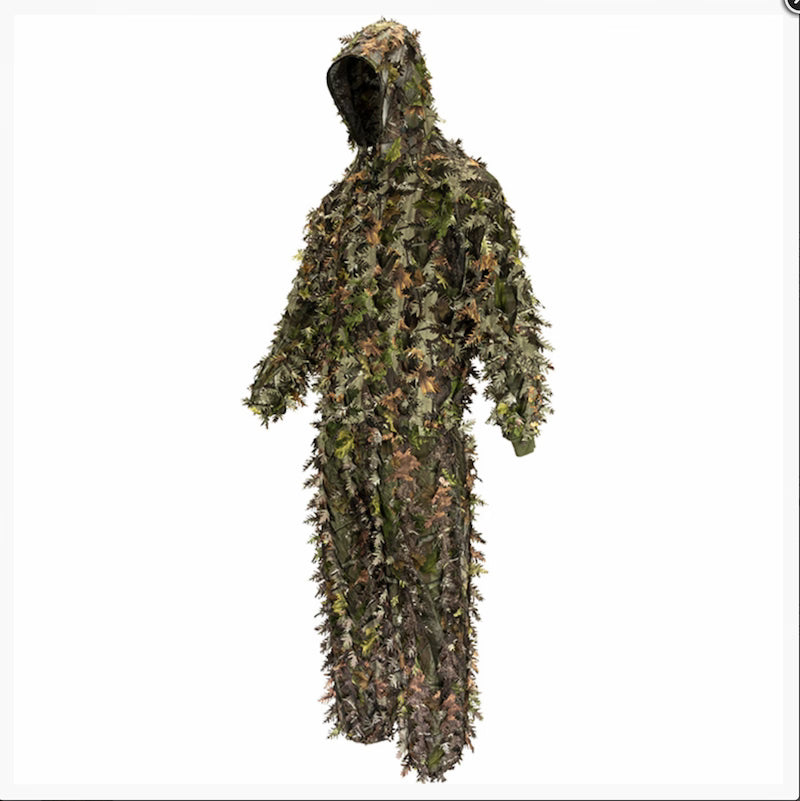 Camouflage suit with a hood on a white background