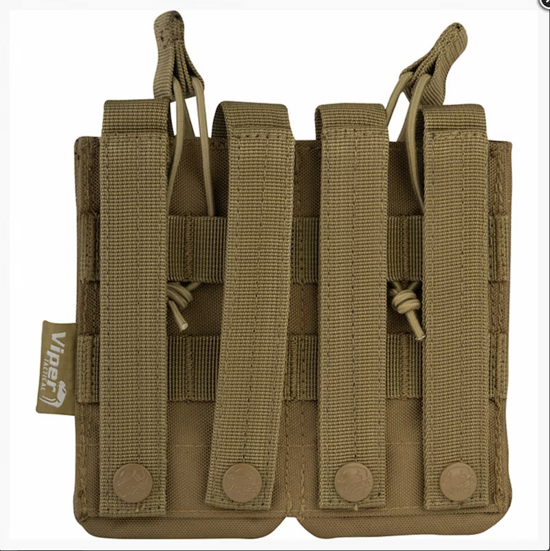 Brown tactical magazine pouch with multiple loops on a white background