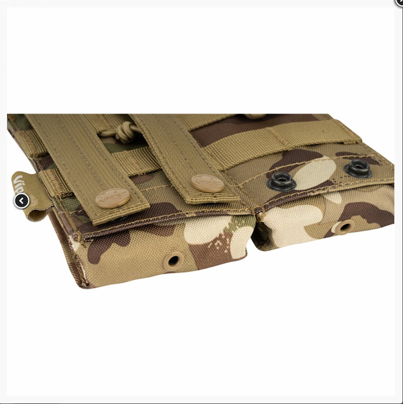 Camouflage tactical pouch with multiple pockets on a white background
