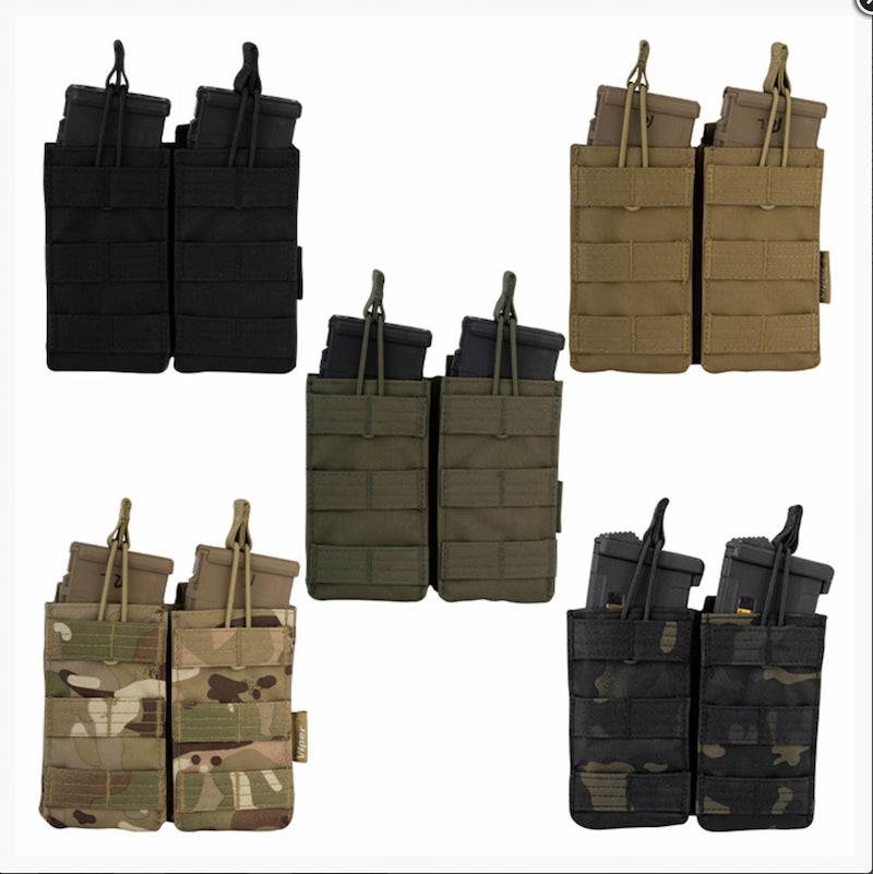 Set of tactical magazine pouches in various colors on a white background