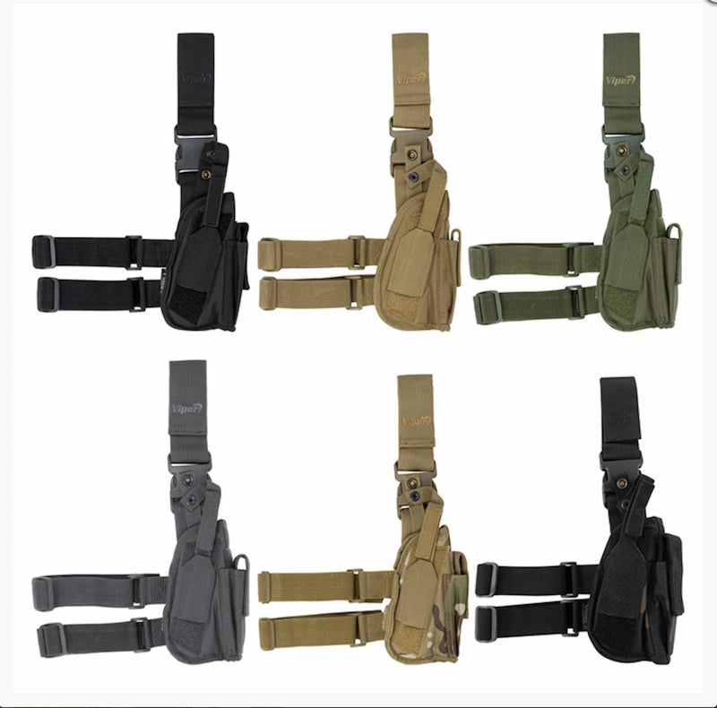 Set of tactical holster and magazine pouches in black, brown, and green on a white background.