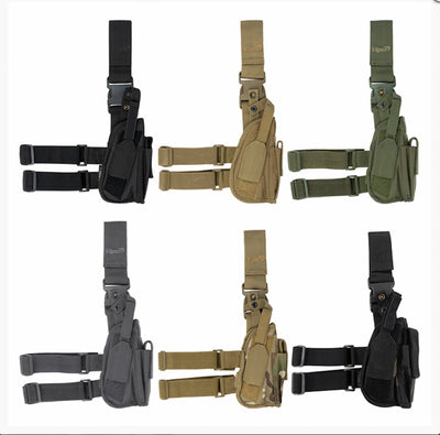Set of tactical holster and magazine pouches in black, brown, and green on a white background.