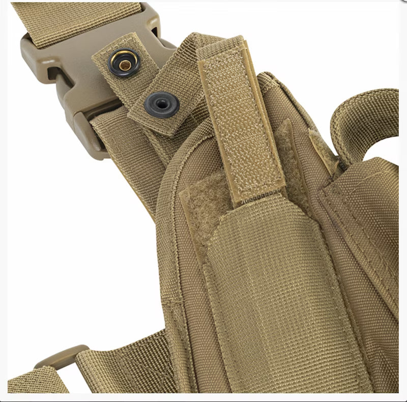 Tan tactical glove with MOLLE straps on a white background