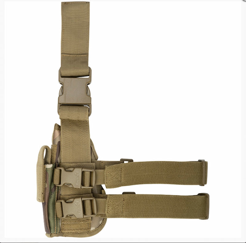 Tan tactical holster with multiple straps on a white background