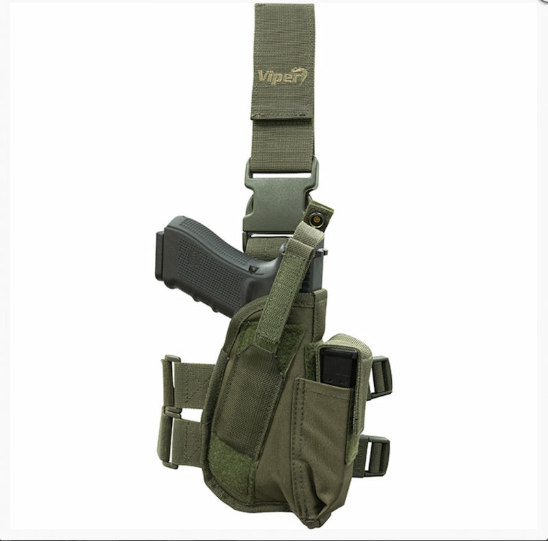 Green tactical holster with gun and magazine on a white background, featuring the Viper brand.