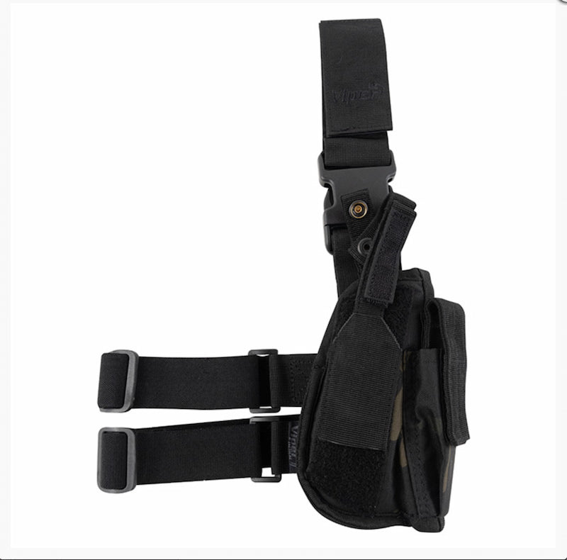 Black tactical holster with multiple straps on a white background