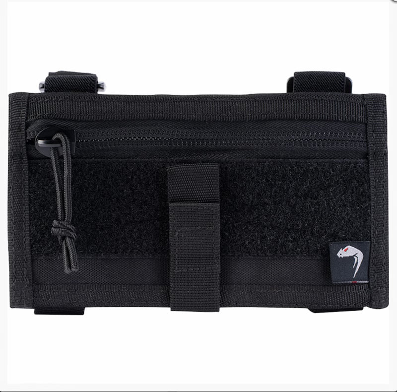 Black tactical pouch with multiple compartments on a white background