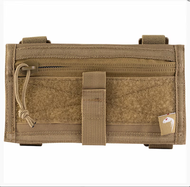 Brown tactical pouch with multiple pockets and a drawstring on a white background