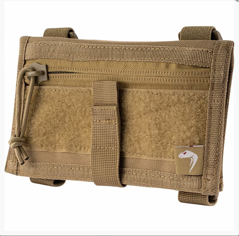 Brown tactical pouch with a visible brand logo on a white background