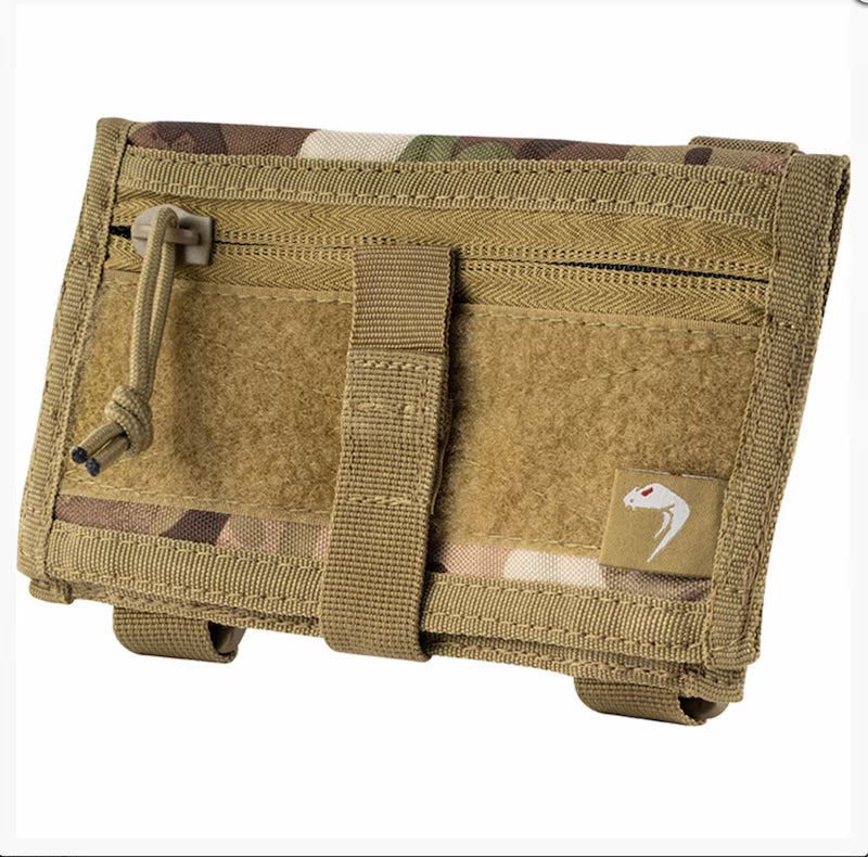 Tactical pouch with camouflage pattern and brand logo on a white background