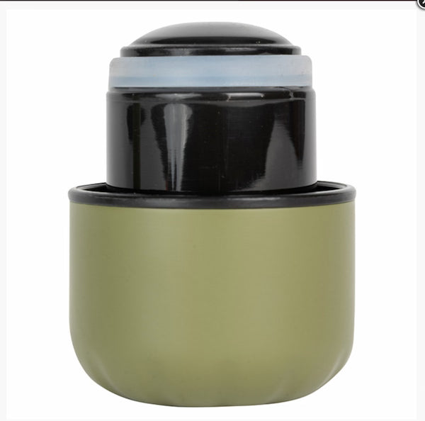 Green and black cylindrical container on a white background