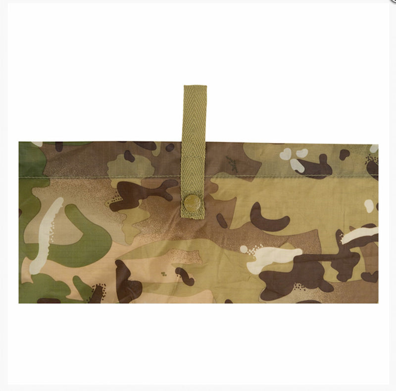 Camouflage-patterned pouch with a strap on a white background