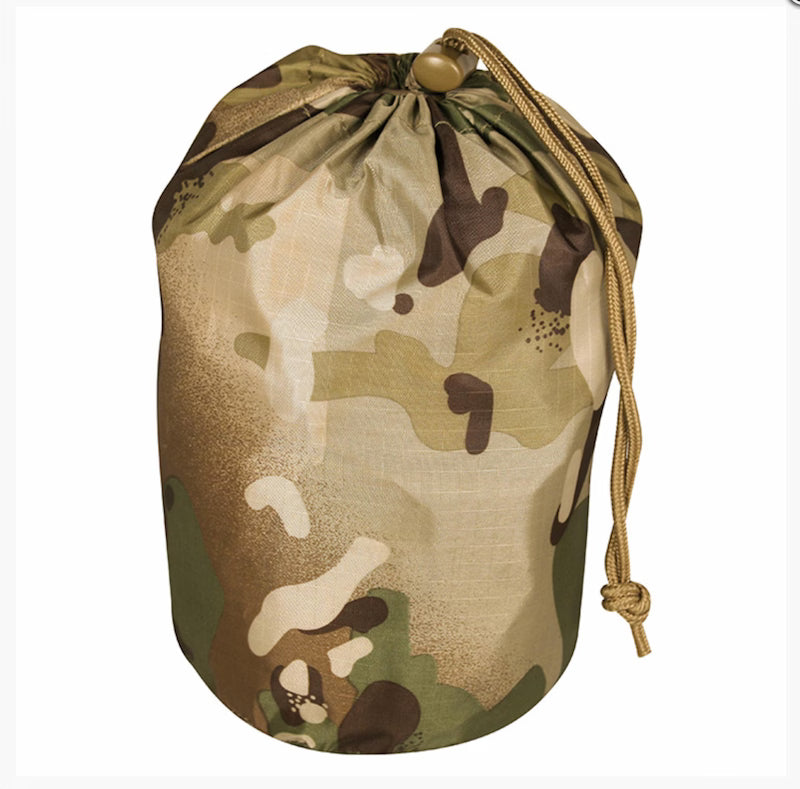 Camouflage drawstring bag on a white background